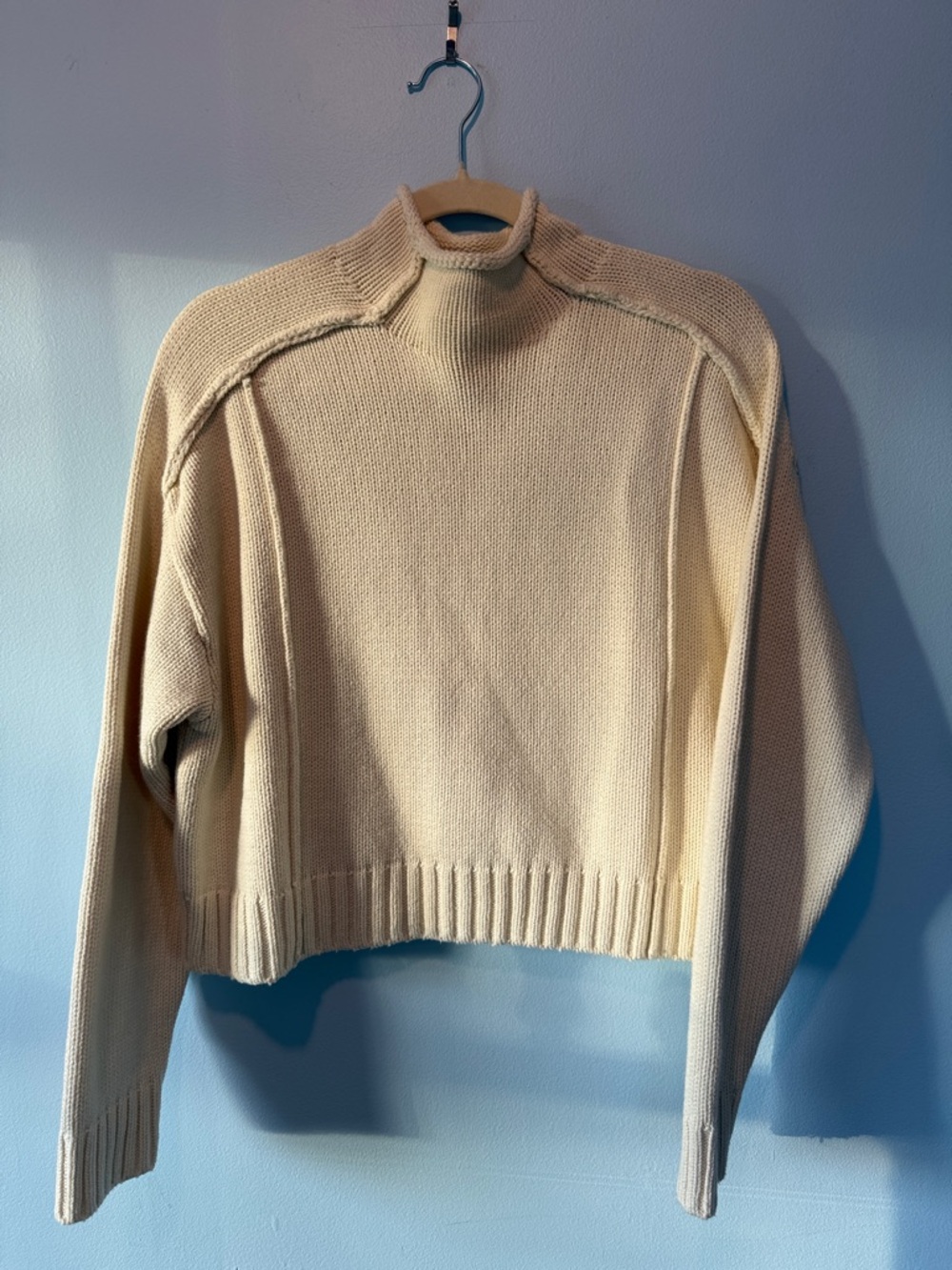 Zara Cream Mock Neck Ribbed Hem Sweater
